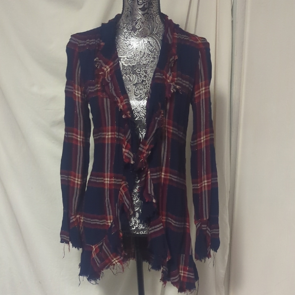 Guess Navy and Red Shimmer Plaid Cardigan
